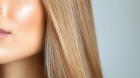 Close up of straight blonde hair texture and partial face view showing smooth skin and natural makeup, highlighting professional hair care and beauty treatment results.