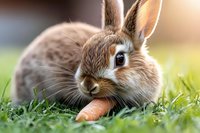 Adorable brown bunny rabbit lying in green grass with carrot, close-up portrait showing fluffy fur and expressive eyes against soft blurred natural background.
