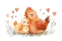 Watercolor illustration of mother hen and baby chick cuddling in grass with floating heart shapes, soft peach and orange tones create tender motherly scene.