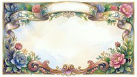 Vintage floral frame with golden scrollwork, colorful roses, and ribbon banner on soft watercolor background, isolated for greeting cards and invitations.