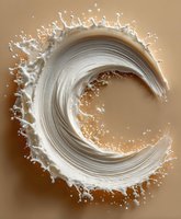 Dynamic milk splash forming spiral wave with creamy white liquid droplets and smooth flowing motion on neutral beige background for dairy advertising.