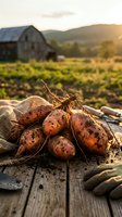 Freshly harvested sweet potatoes with roots and soil on rustic wood, farm and golden sunset in background, burlap cloth and garden tools nearby.