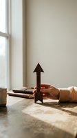 Hand holding wooden upward arrow symbol on desk with notebook and coffee cup, representing growth, progress, success and positive business direction for corporate concepts.