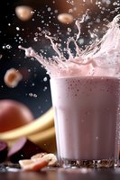 Dynamic splash of pink strawberry milkshake in glass with flying droplets and fresh fruit pieces against dark background, capturing motion in beverage photography.