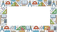 Seamless border pattern featuring math and science education icons including geometric shapes, protractors, calculators, books, and student figures on white background. Tiles continuously for educational designs.