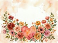 Watercolor floral heart arrangement with roses and wildflowers in warm tones, perfect for Valentine's Day cards and wedding invitations.