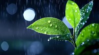 Fresh green leaves with water drops in rain, dramatic dark background with bokeh lights creates moody natural atmosphere. Macro photography for nature concepts.