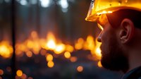 Construction worker in protective helmet looking at sunset with blurred bokeh city lights in background, side view portrait of bearded man at dusk.