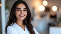 Young Hispanic woman with long dark hair and bright smile wearing white professional attire against blurred bokeh background in modern office setting.