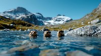 Three wild ducks swimming in crystal clear alpine lake water with snow-capped mountain peaks and green slopes in background, nature landscape.