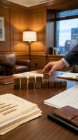 Businessman arranging wooden letter blocks spelling grows insights on office desk, symbolizing business strategy and analytical thinking.