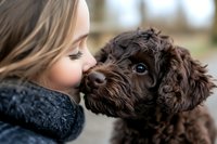 Young Caucasian woman in gray scarf touching noses with chocolate brown labradoodle puppy showing tender moment between pet owner and dog with blue eyes.