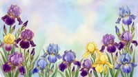 Watercolor painting of purple, blue, and yellow iris flowers with green stems arranged in a garden setting against a soft, blended pastel background. Suitable for botanical art, home decor, and floral design projects.