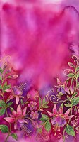 Vibrant watercolor floral border with pink and purple blooms, green leaves, and gold accents on a rich magenta textured background.