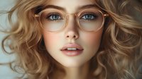 Close-up portrait of young woman with curly blonde hair wearing transparent glasses, showcasing natural makeup and blue eyes against soft background.