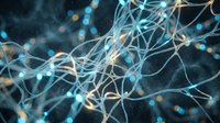 Abstract neural network connections with glowing nodes and synapses in blue and gold tones for technology and artificial intelligence concepts.