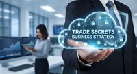 Businessman holding glowing cloud with trade secrets text and security icons in modern office environment for corporate protection concepts.