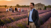 Handsome businessman in suit standing in lavender field at sunset with tourists in background. Professional male portrait in purple flower meadow during golden hour.