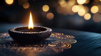 Traditional oil lamp with flame glowing against warm bokeh lights background creating peaceful meditation atmosphere for spiritual ceremonies and festivals.