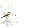 Colorful bird perched on wrapped gift box with gold confetti scattered around on white background, isolated clipart for greeting cards and celebrations.