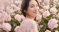 Young Asian woman in pink floral dress smiling among blooming pink roses and peonies in garden setting for spring beauty and lifestyle content.