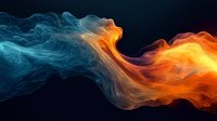 Dramatic collision of orange fire and blue smoke waves creating abstract flowing shapes against black background, artistic contrast of hot and cold elements.
