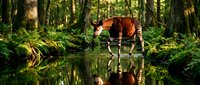 Okapi drinking water in lush tropical rainforest with perfect reflection, exotic African wildlife in natural habitat surrounded by ferns and trees.