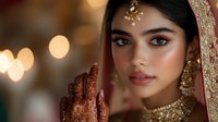 Young South Asian bride in traditional red and gold wedding attire with intricate henna designs and ornate jewelry for cultural celebration ceremonies.