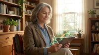 Mature woman with gray hair wearing brown blazer and blue shirt, holding tablet device in home library with bookshelves, plants, and natural window light for business, education, technology concepts.