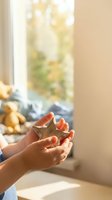 Woman hands gently holding small wooden toy airplane in warm sunlight by window. Childhood memories, travel dreams, aviation hobby concept.