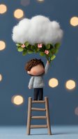 Cute character on wooden ladder holding cotton cloud with green leaves and pink flowers against blue background with bokeh lights. Whimsical art concept.