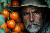 Senior Caucasian farmer with intense blue eyes and gray beard surrounded by fresh ripe tomatoes, wearing weathered hat in garden setting.