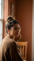 Young Hispanic woman with messy bun hairstyle wearing brown knit sweater smiling warmly in cozy home interior with natural window light and terracotta walls.