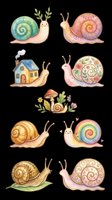 Whimsical snail characters with decorative shells in various colors and patterns, isolated on transparent background. Perfect for t-shirt designs, stickers, clipart, print-on-demand products, and sublimation projects.