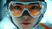 Young Asian woman wearing protective goggles with orange lenses against cyan background, close-up portrait showing determined expression and red lipstick.