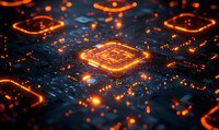 Glowing orange microchip on dark circuit board with futuristic lighting effects and depth of field. Technology concept showing electronic components and digital innovation.