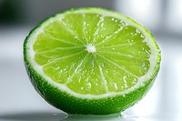 Fresh juicy lime half showing detailed pulp segments and textured rind on light background, macro food photography with selective focus and water drops.