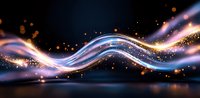 Glowing wavy lines with sparkles and light effects on dark background create dynamic motion and energy flow. Abstract design for modern backgrounds.