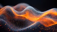 Glowing orange and blue wave pattern with sparkling particles flowing on dark background creates dynamic abstract digital art visualization for technology designs.