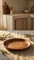 Wooden plate on linen tablecloth with dried herbs and natural kitchen background, suitable for food styling, culinary content, and rustic home decor projects.