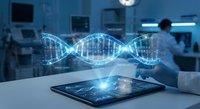 Digital DNA helix hologram emerging from tablet in modern laboratory with scientist working in background for genetic research and biotechnology.