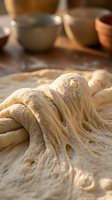 Stretchy dough being kneaded on floured surface with bowls and utensils in soft-focus background, suitable for baking, cooking, and food preparation content.