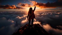 Young woman with curly hair stands triumphantly on mountain peak above clouds at dramatic sunset, arms raised in victory pose against orange sky and sunburst.