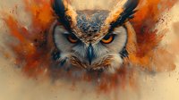 Dramatic close up of great horned owl face emerging from orange and black smoke effect background, fierce glowing eyes staring directly at viewer, artistic wildlife portrait.