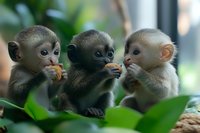 Three adorable baby monkeys sitting together on branch eating fruit in tropical forest setting for wildlife and nature content.