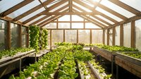 Wooden greenhouse interior with fresh green lettuce and herbs growing in raised beds. Sustainable gardening and organic farming concept for healthy food production.