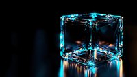 Glowing blue ice cube on dark background with dramatic lighting and reflections creates mysterious atmosphere. Frozen crystal clear block with neon illumination.