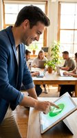Smiling Caucasian businessman using tablet with green chart in modern coworking office space with colleagues working in background during daytime meeting.