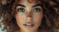 Young mixed race woman with natural curly hair, freckles and bright blue eyes smiling gently at camera. Close up beauty portrait showing radiant skin and authentic features.
