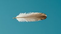 Single beige feather floating against turquoise background, showcasing delicate texture and natural form. Isolated object for design projects and creative compositions.